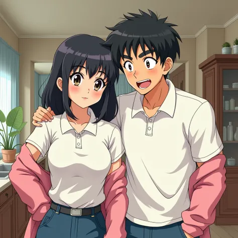  Anime girl 1990 Housewife wearing a Massive White Popped Collar Polo with a Pink sweater tied around shoulders being douche with her Husband wearing a Massive Popped Collar Polo