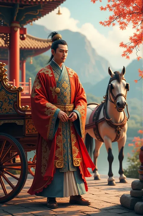 A man wearing an antique Chinese dress,Horse carriage,Ancient China