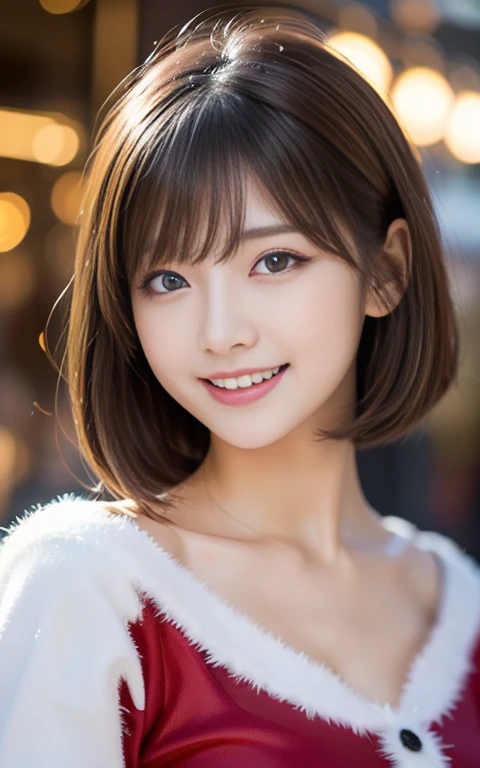  cute 21-year-old Japanese、 Christmas、smile、  Super Detail Face 、 pay attention to the details with the hem of the clothes、double eyelid、Beautiful thin nose、 clear focus :1.2、Beautiful woman:1.4、(Light brown hair, shortcut , top-quality、Sparkle、​masterpiec...