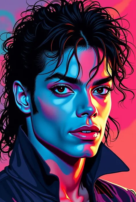 Michael Jackson&#39;s dark face with bright neon colors, with a 2d comic style
