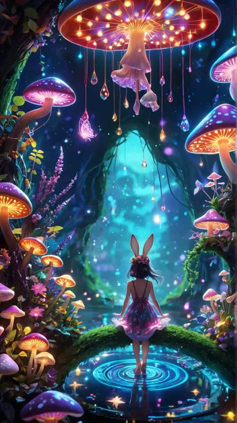 Magical witchs garden, bunny-eared apprentice practicing levitation spells, floating teacups and saucers, mischievous fairy companions, glowing mushroom circle, starlit night sky, shimmering magical aura, crystal wind chimes, soft pastel colors, detailed m...