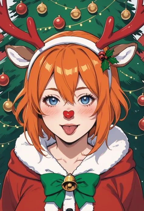 score_9, score_8_up, score_7_up, source_anime, yotsuba nakano, bangs, short hair, blue eyes, hair between eyes, hair ribbon, hairband, orange hair, green ribbon, large breasts,, reindeer costume, animal costume, reindeer antlers, antlers, fake antlers, rei...