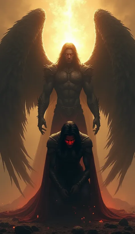 Lucifer, male, early 40s, with sharp angular features, long dark hair, and glowing red eyes, kneels in fear and submission before the celestial. His once majestic wings appear torn and shadowy, and his armor is cracked and darkened. The celestial looms ove...