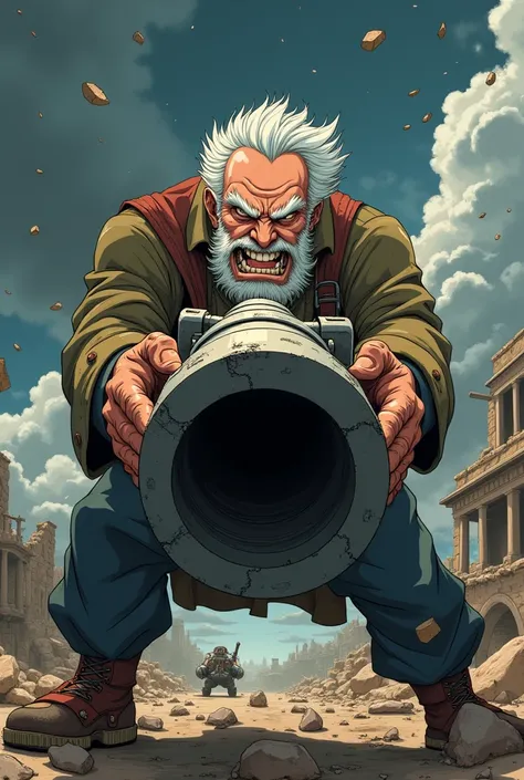 Create an anime scene of an old man holding a cannon and angry animated anime