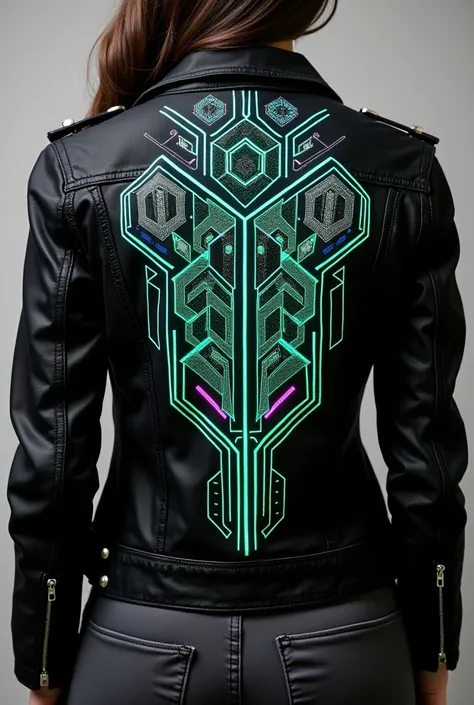 A black denim jacket with a high-tech, futuristic aesthetic. The front has circuit board-inspired embroidery in glowing neon green and silver thread, forming intricate patterns near the chest and collar. The back showcases a holographic-style geometric des...