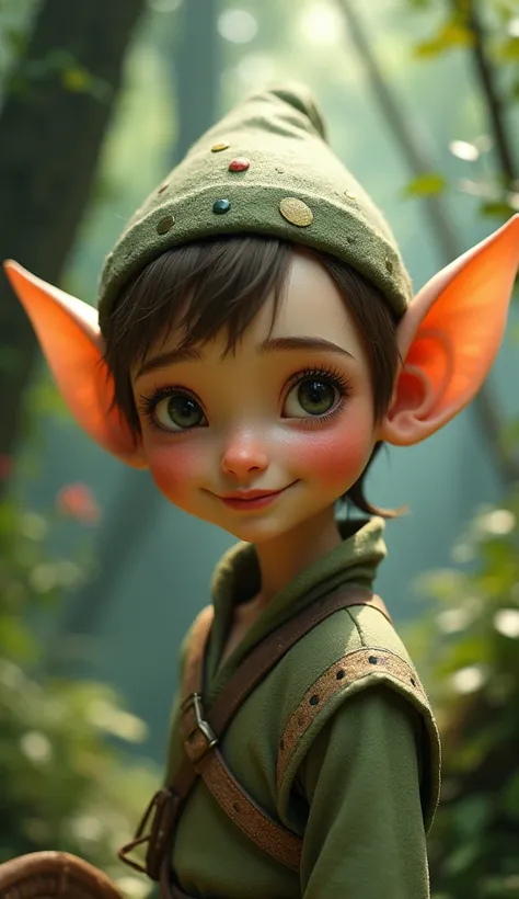 Close-up of the fairy tale Elf character, with big ears. He was walking in the forest, his face was adorable