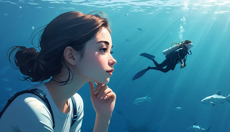 Minimalist Journey，diving，Solitary，The girl rests one hand on her cheek, gazing into the distance, reflecting a thoughtful or dreamy pose, conveying a sense of serenity and depth, dutch angle,Minimalism, Under the Sea, illustration.