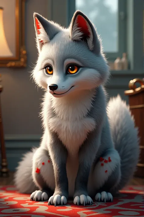  furry,  furry,  gray fur , male,  canine, Arctic Fox, Single,  sharp claws,  Fine Fur, golden eyes,  puffy tail，Red pattern , No Clothes,   super detailed : 1.0, Room,  detailed background 