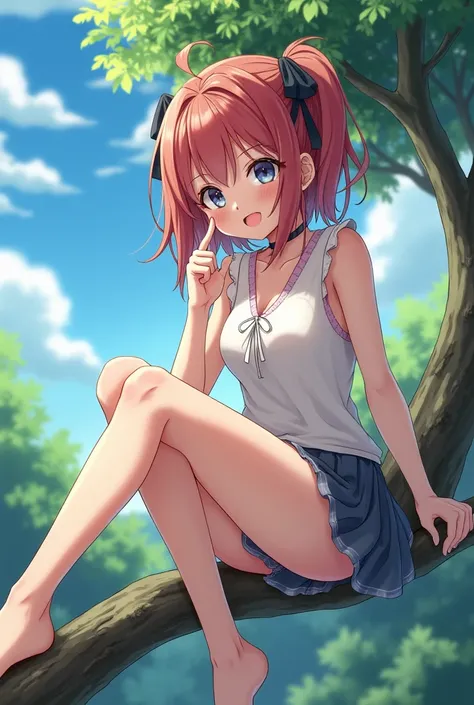 An anime girl sit on a branch. She is naket and she put a finger in her pussy. 