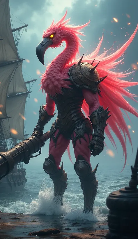 Create 32k Ultra-realistic, 200% mutated hybrid fusion of a Flamingo, War Machine, Pirate’s Swashbuckler aura, and a paladin form, set on the deck of a pirate ship on a stormy sea. The flamingo’s tall, graceful body is enhanced by War Machine’s heavy armor...