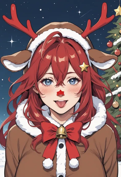 score_9, score_8_up, score_7_up, source_anime, itsuki nakano, bangs, long hair, blue eyes, hair between eyes, ahoge, red hair, star (symbol), hair ornament, star hair ornament, large breasts, reindeer costume, animal costume, reindeer antlers, antlers, fak...