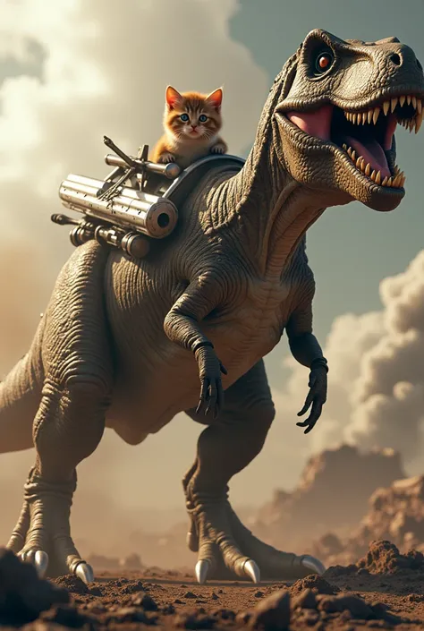 A kitten riding a t-rex equipped with laser cannons in a war