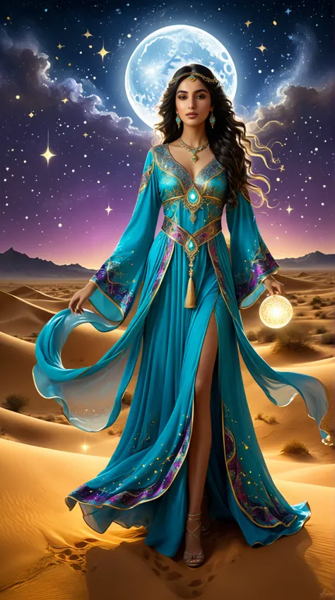 Create a captivating character design of a modest Arabian female mage, embodying an ethereal and dreamy essence. She wears flowing, intricately designed fascinating magical colorful Arabian robes that shimmer with enchanted patterns, reflecting the stars a...