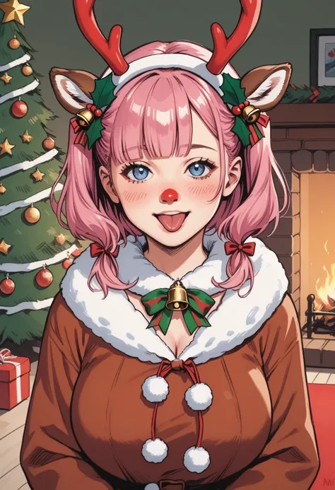 score_9, score_8_up, score_7_up, source_anime, short hair, bangs, blue eyes, hair ornament, hair ribbon, pink hair, blunt bangs, two side up, butterfly hair ornament, large breasts,, reindeer costume, animal costume, reindeer antlers, antlers, fake antlers...