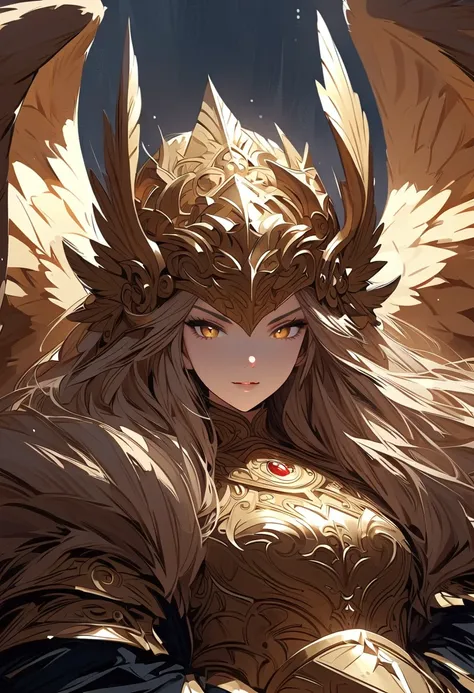 (masterpiece, best quality:1.2), 1 girl, solo, stone throne, queen of beasts, voluminous lion mane, detailed golden angel wings, detailed beautiful eyes, detailed beautiful face, glistening golden eyes, looking down on viewer, wide arrogant smile, unique p...