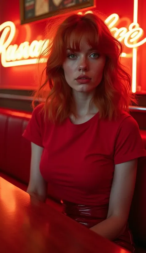  Professional photo taken by Tim Walker of an 18-year-old redheaded model，The model sits in a latex miniskirt and red t-shirt , Thick lines,  super detailed, Dark limited color palette,  WARM NATURAL LIGHT , Movie, Film Grain, Depth of Field, ( Detailed , ...