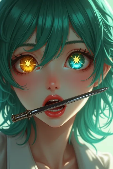 ( A close-up of a better masterpiece :1.5)0.9], (Messy green hair:1.1) ( heterochromia xanthochromia and blue eyes:1.2) (Colored stars in the eyes:1.0) (A radiant shine:1.1) ( full lips:0.9) Open mouth with saber on the lip 