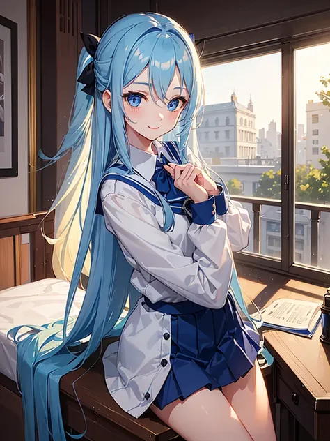 (one blue long hair girl, forehead:0.7, detailed blue eyes:1.3, cute smile, in a school uniform), sing in the music room, with other students, in the highschool, soft light. masterpiece, beautiful detailed glow.