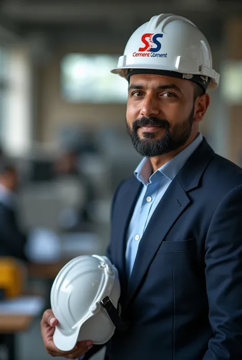 Executive pakistani manager of S&S Cement Professionals Limited, wearing white safety helmet carrying company logo in the office 