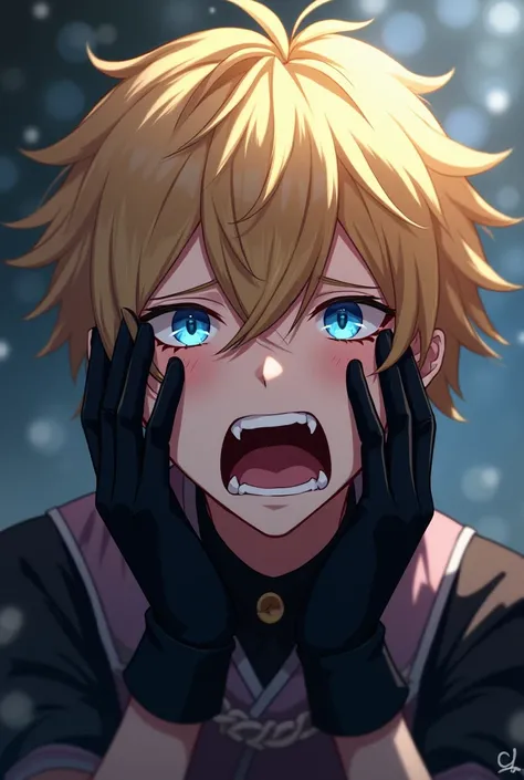  Masterpiece,  Best Quality ,  high resolution ,  male focus, 1 chico,  18 year old boy , Albedo Genshin Impact ,  blond hair , ojos azules,  wearing black gloves ,  screaming hysterically in pain,  sad, Gloomy face, Hurt , panic, crying, 