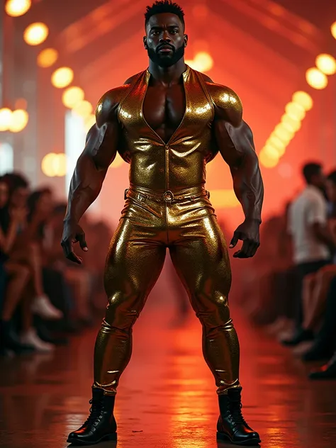 A strong muscular black man with detailed thick hairy chest, wearing skin-tight transparent gold brocade outfit from head to toe, high heeled black leather boots, posing dramatically for camera at fashion festival, cinematic lighting, photorealistic, highl...