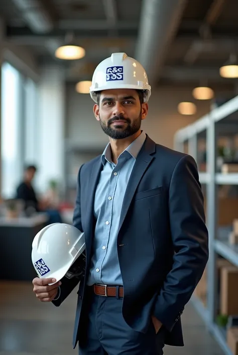 Executive pakistani manager of S&S Cement Professionals Limited, wearing white safety helmet carrying company logo in the office 