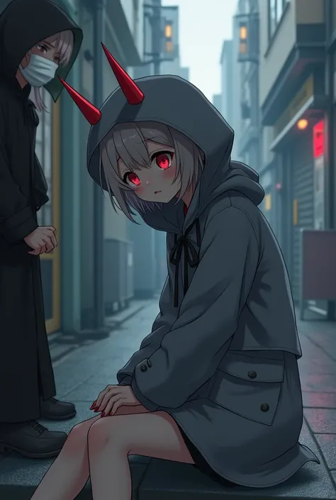  A girl with a gray raincoat and hood with red horns and red eyes, with a bob , in a short dress and stockings, she fell and was sitting and was found by a guy in a black kimano with a white mask on her face 