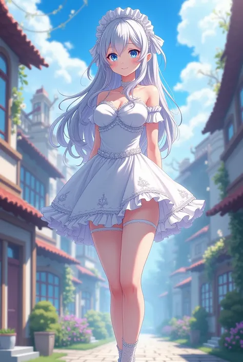   Japanese anime girls ，Maiki Style ，White hair girl，blue eyes， Big Breasts ，White Maiki Dancer ，background： Magical World Cities  ，place：Suburb of town  ，You can see the city，  wears 20 cm high heels and white lace socks and is 160 tall，Sanwei /120、60、88
