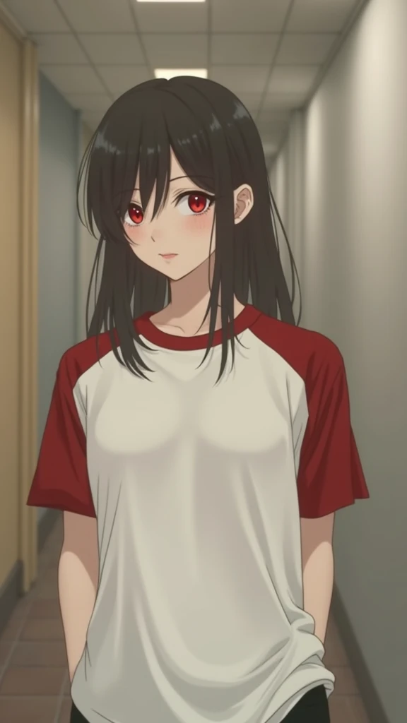 1 anime girl, beautiful detailed eyes, beautiful detailed lips, extremely detailed face, long black hair, red eyes, white t-shirt with red sleeves, black pants, smiling, intricate details, soft lighting, highly detailed, masterpiece, photorealistic, cinema...