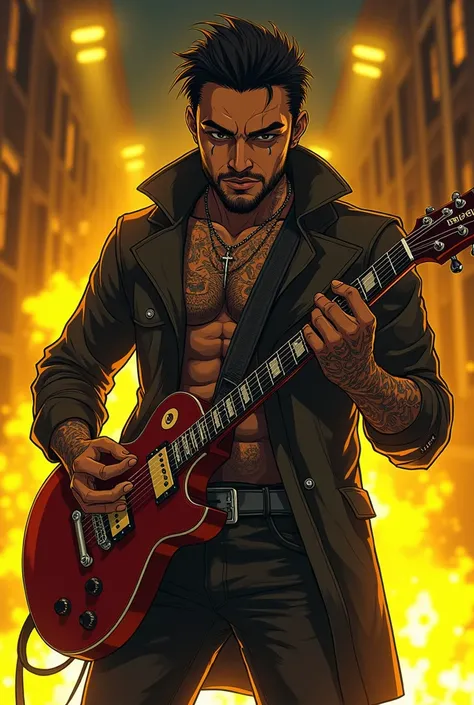 anime, A handsome dark-skinned guy , olhos amarelos brilhantes,  bright yellow tattoos covering his brown body ,  wearing a rock and roll tunic with a skull print, wearing a coat, leather boots,  playing a screaming demonic  