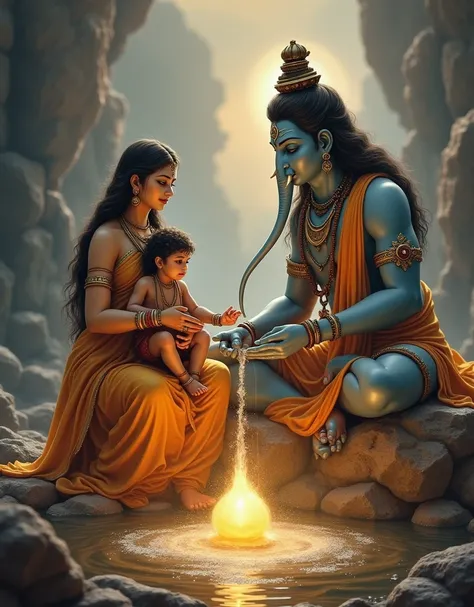 Lakshmi maa ganesh ji ko godh me leke shiv ling me lota se pani dalte huye