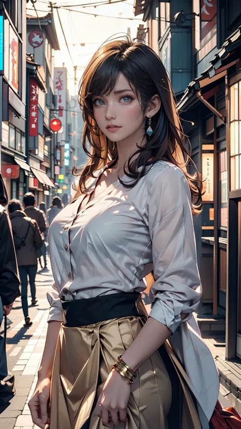 masterpiece,  top quality, 8k,   photoreality ,  realistic ,  Octane Rendering , Busy streets of Japan (1 female: 1.4), ( There is only one woman on the screen : 1.3), ( white shirt), ( long golden hair), ( Hip Wrap Skirt ), ( blue eyes) Upper body display...