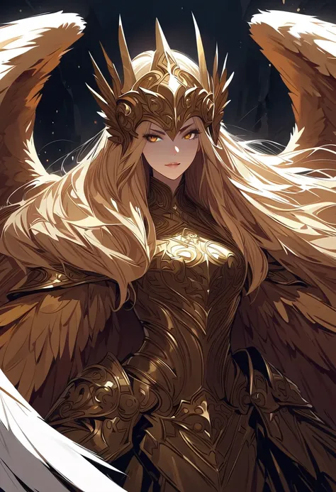 (masterpiece, best quality:1.2), 1 girl, solo, stone throne, queen of beasts, voluminous lion mane, detailed golden angel wings, detailed beautiful eyes, detailed beautiful face, glistening golden eyes, wide arrogant smile, egotistical, unique pose, long s...