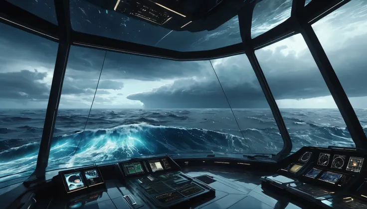 A photo-realistic, ultra-realistic, and cinematic first-person view from inside a spaceship with a sleek, angular design, looking out at a massive tsunami approaching. The interior of the spaceship is highly detailed, with a modern, high-tech dashboard fea...