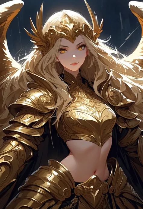 (masterpiece, best quality:1.2), 1 girl, solo, stone throne, voluminous lion mane, detailed golden wings, detailed beautiful eyes, detailed beautiful face, glistening golden eyes, wide arrogant smile, egotistical, unique pose, long sleeve turtleneck crop-t...