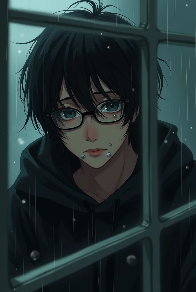 male , czarne dlugie wlosy, with glasses, earrings in the mouth , obły nos,  black sweatshirt ,  sad expression , He&#39;s crying,  looks into the window through which the rain is flowing, realistic