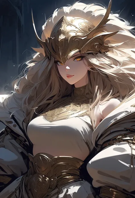 (masterpiece, best quality:1.2), 1 girl, solo, stone throne, voluminous lion mane, detailed beautiful eyes, detailed beautiful face, glistening golden eyes, wide arrogant smile, egotistical, unique pose, long sleeve turtleneck crop-top, long baggy rapper t...