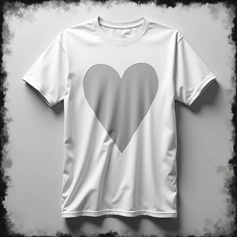 Professional black and white, high contrast, desaturated photograph of an oversized white t-shirt mockup against a plain background, with a heart design in the center of the shirt, lit with harsh, intense light and textured with a prominent, gritty grain r...