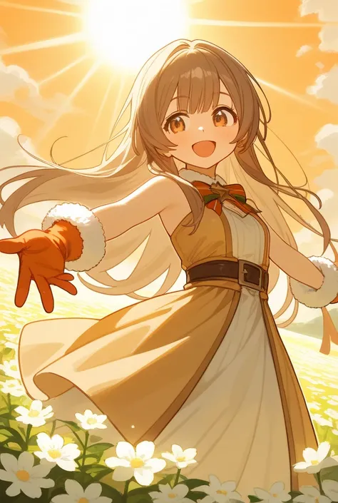  a girl, Fusionist   ( Brave ghost  ),    brown hair, light   brown hair,   light brown eyes, Googles,   ,  Orange Christmas gloves ,   long hair,   small breasts  , happy smile,   dancing in a field of flowers, sun, sun rays,   open arms,   light yellow d...