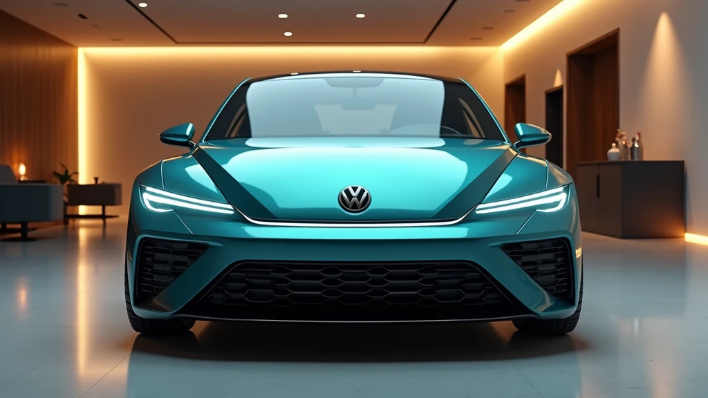 The 2025 Volkswagen Beetle is displayed in a luxurious, modern showroom with soft ambient lighting. The image captures the cars aggressive front angle, showcasing its sleek and aerodynamic design painted in a striking teal metallic color. The sharp LED hea...