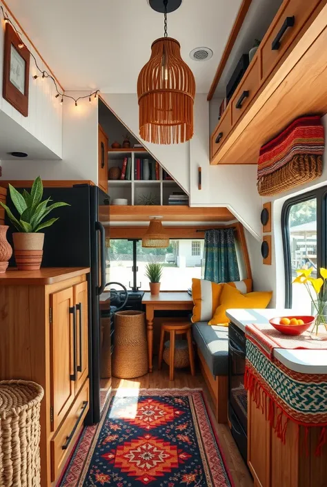 Professional High-Quality image shot with SONY ALPHA 7R V on 100mm, 16K. top photographer. full frame, highly detailed, sharp, ultrasharp image of Boho Chic – Vibrant, Cozy, and Functional RV Design with Pet Hideaway

Overview:

This thoughtfully designed ...