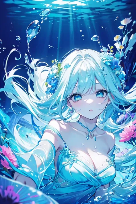 a beautiful girl swimming underwater, surrounded by colorful flowers, serene and tranquil underwater scene, beautiful detailed eyes, beautiful detailed lips, extremely detailed eyes and face, long eyelashes, elegant flowing dress, graceful movements, under...