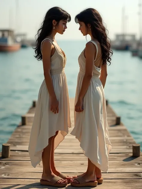 Full body shot of two latin teenage girls. On a wharf. dark hair, tanned. Wearing roman tunics and paltform cork clog sandals. Photorealism, detailed feet