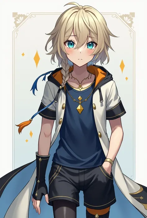  a male boy with bright blue-green eyes with three dots on the iris (similar to the alchemy table )  and pale skin ,  ashen blonde hair that reaches below the shoulders ,  partially gathered in a braided half ponytail .  There is a golden diamond mark in t...