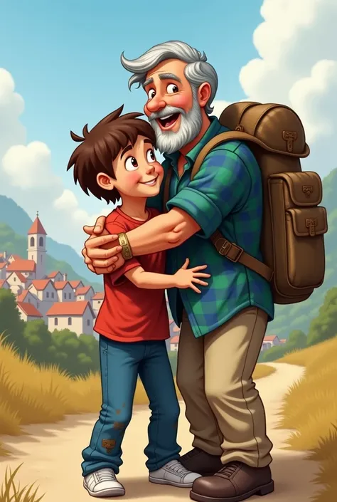 marco: a  boy,  with short brown hair and bright brown eyes .  He wears a red t-shirt with a small bar stain ,  slightly worn blue pants and white sneakers .  Her hair is slightly disheveled by the wind .
 
tourist:  A middle-aged man with gray hair and a ...