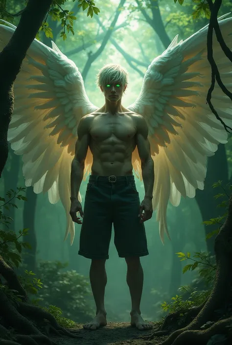  A man with light hair and green eyes, What is half angel and half demon , shirtless with defined body,  emanating light and darkness in a forest 