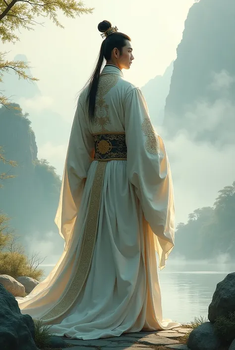 Man wearing ancient Chinese dress, standing facing back