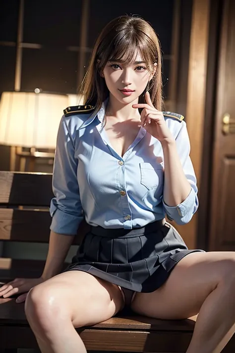 Innocent 20 year old girl、((Japan Police Officer, sexy police uniform, Skirt, Cute and elegant, Dramatic poses)),Smile,night city background,short-cut、Raw photo, (8K、top-quality、​masterpiece:1.2)、(intricate detailes:1.4)、(Photorealsitic:1.4)、octane renderi...