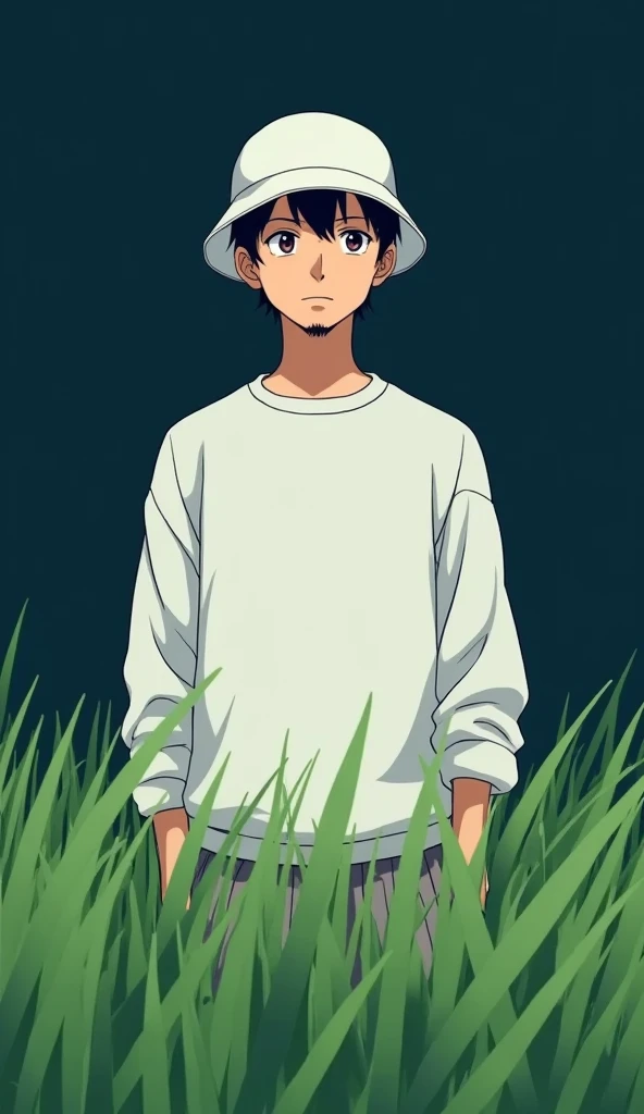 Adult male character, standing in a green grass field, in anime format with a white sweatshirt and a white bucket hat, small with short black hair and a goatee with a serious face looking forward from the abdomen up with a dark blue background , detailed