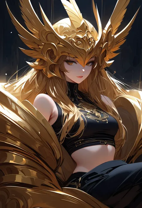 (masterpiece, best quality:1.2), girl, solo, sitting on big stone chair, voluminous golden mane, detailed beautiful eyes, detailed beautiful face, glistening golden eyes, wide arrogant smile, egotistical, unique pose, long sleeve turtleneck crop-top, long ...